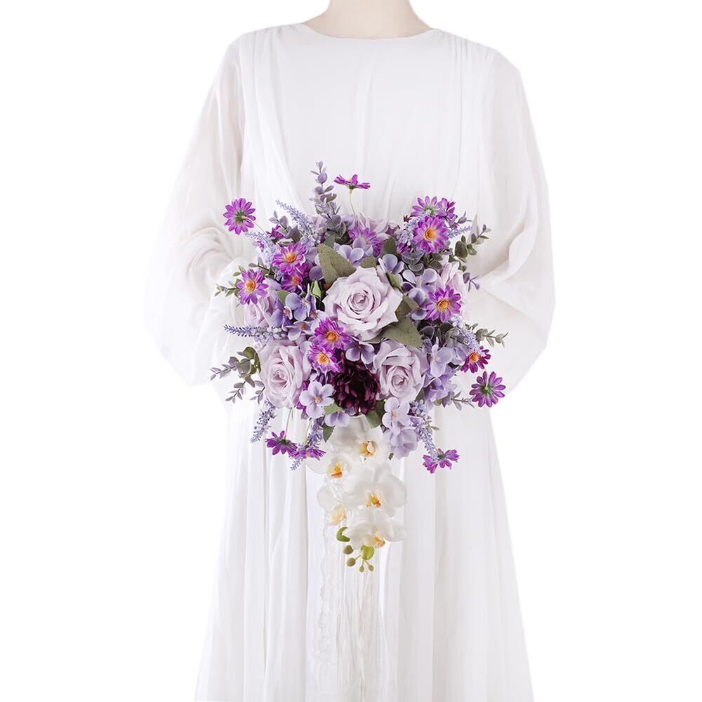 9871 12 Inch Cascade Wedding Bouquets for Bride, Purple & Lavender